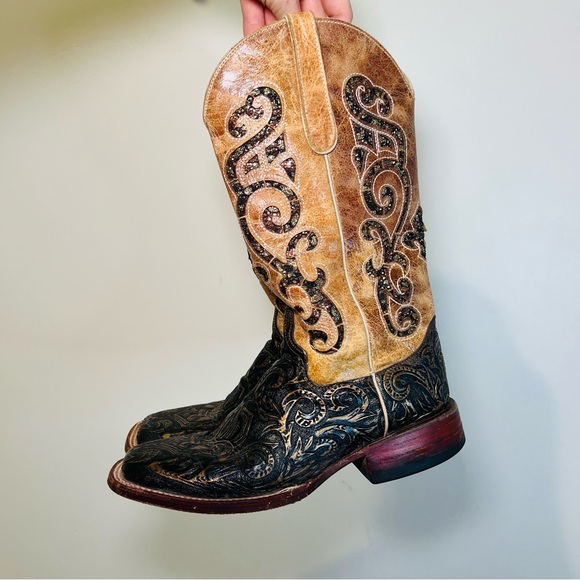 Ferrini Women’s Antique Saddle/Black Leather Western Boots 8 - Picture 2 of 8